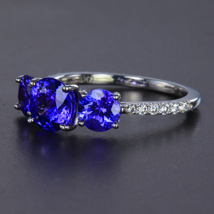 Platinum Three Stone Tanzanite and Diamond Shank RIng