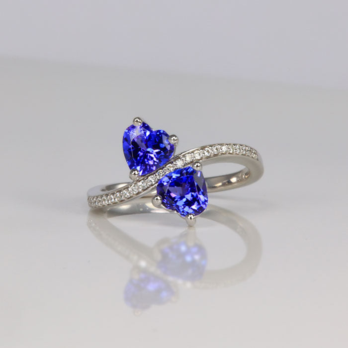 14K White Gold Double Heart Tanzanite and Diamond Ring 1.65 Carats