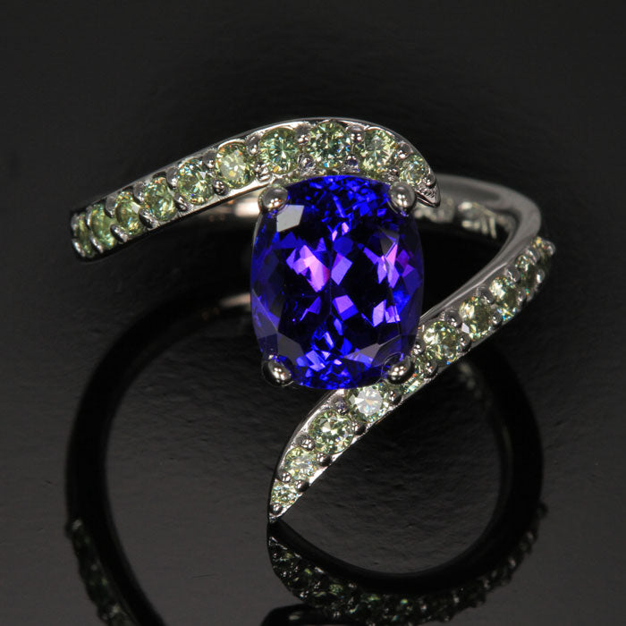 14K White Gold Antique Cushion Tanzanite and Demantoid Garnet Ring 3.05 Carats Designed by Christopher Michael