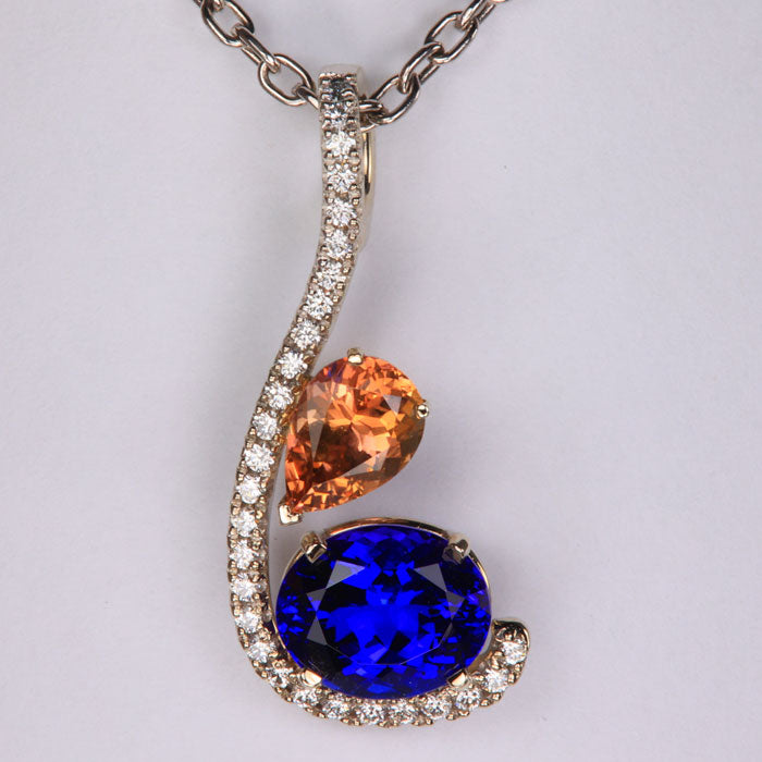 14K White Gold Blue and Peach Tanzanite and Diamond Pendant 5.02 Carats