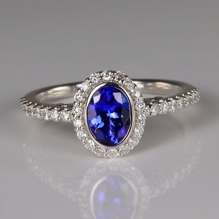 14K White Gold Bezel Set Tanzanite and Diamond Ring .70 Carats