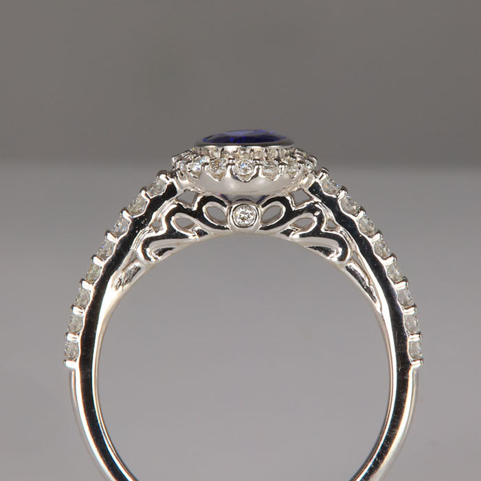 14K White Gold Bezel Set Tanzanite and Diamond Ring .70 Carats