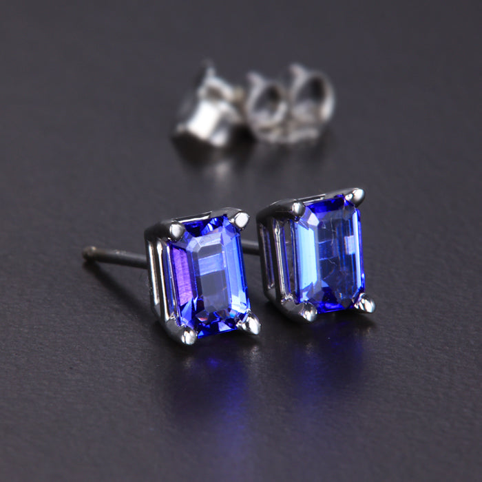 14k White Gold Emerald Cut Tanzanite Stud Earrings 1.19 Carats