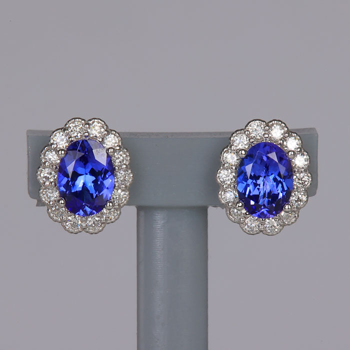 14K White Gold Oval Tanzanite Diamond Halo Earrings 1.77 Carats