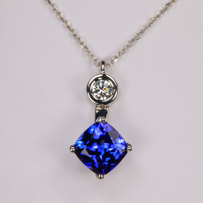 14K White Gold Square Cushion Tanzanite Pendant with Diamond Accent 2.15 Carats