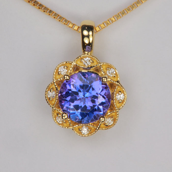 14K Yellow Gold Round Brilliant Tanzanite Pendant With Diamonds 1.17 Carats