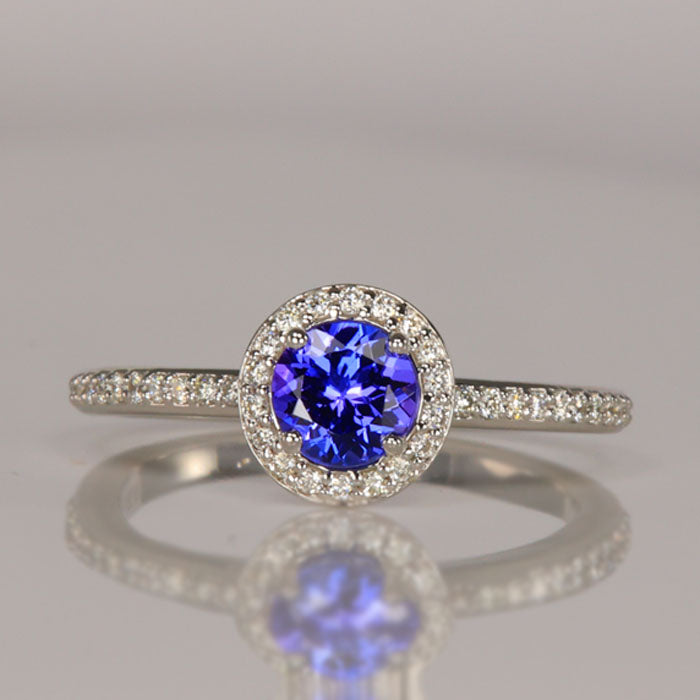 14K White Gold Round Brilliant Tanzanite and Diamond Ring .66 Carats