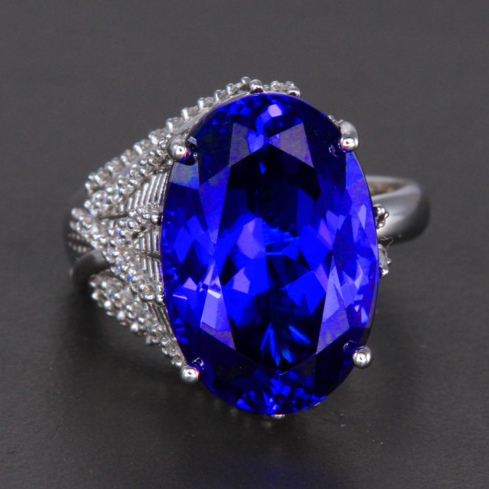 EXCLUSIVE SALE 25% OFF W/CODE 25OFF – 14K White Gold Large Oval Tanzanite and Diamond Ring 15.42 Carats