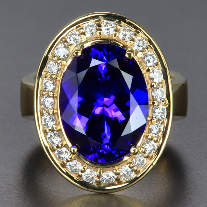 14K Yellow Gold Large Oval Tanzanite and Diamond Halo Ring 7.69 Carats