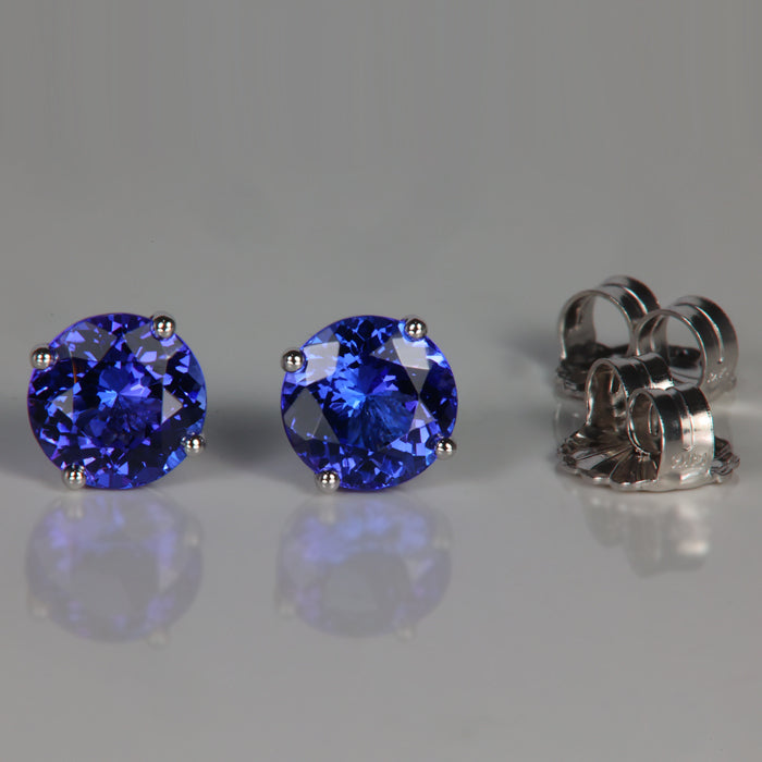 14K White Gold Round Brilliant Tanzanite Stud Earrings 2.93 Carats