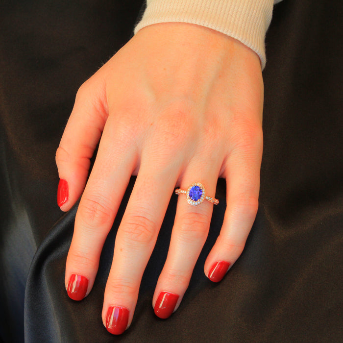 14k Rose Gold Oval Tanzanite and Diamond Halo and Shank Ring by Christopher Michael 1.35 Carats