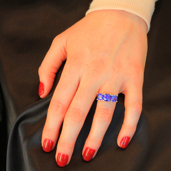 14K White Gold Three Stone Tanzanite Ring 5.30 Carats designed by Steve Moriarty