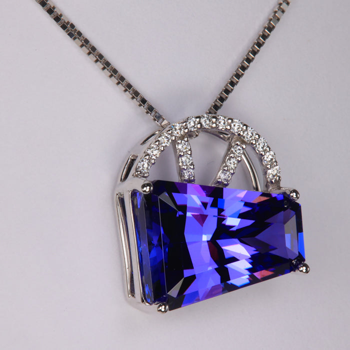 14K White Gold Keystone Tanzanite Pendant 8.71 Carats With Diamonds