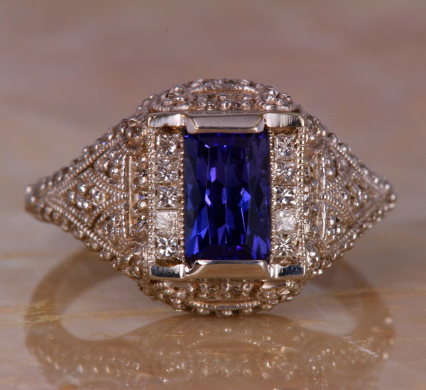 Antique Style Highly Detailed Ring with Emerald Cut Tanzanite