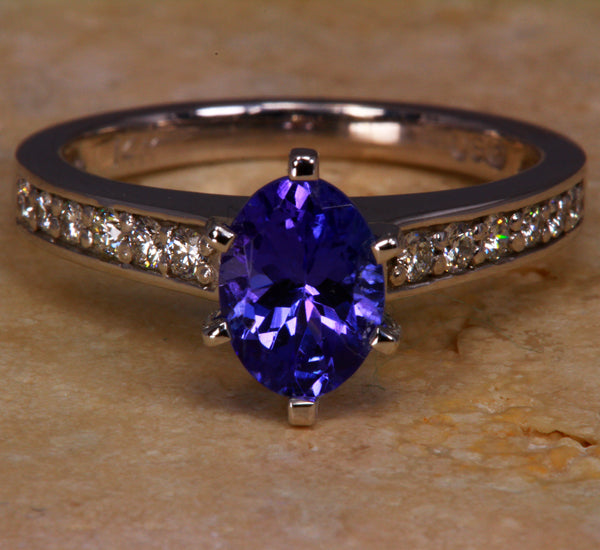 White Gold Tanzanite Ring With Ideal Cut Diamonds