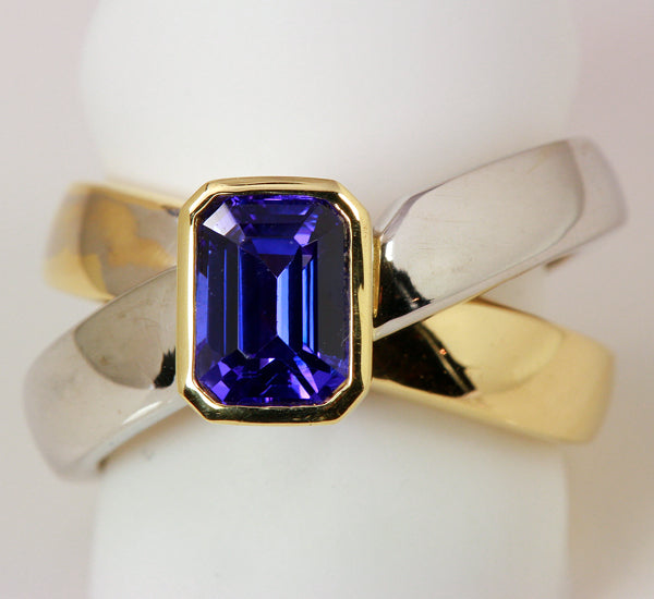 2 Carat Emerald Cut Tanzanite Heavy Two Tone Ring