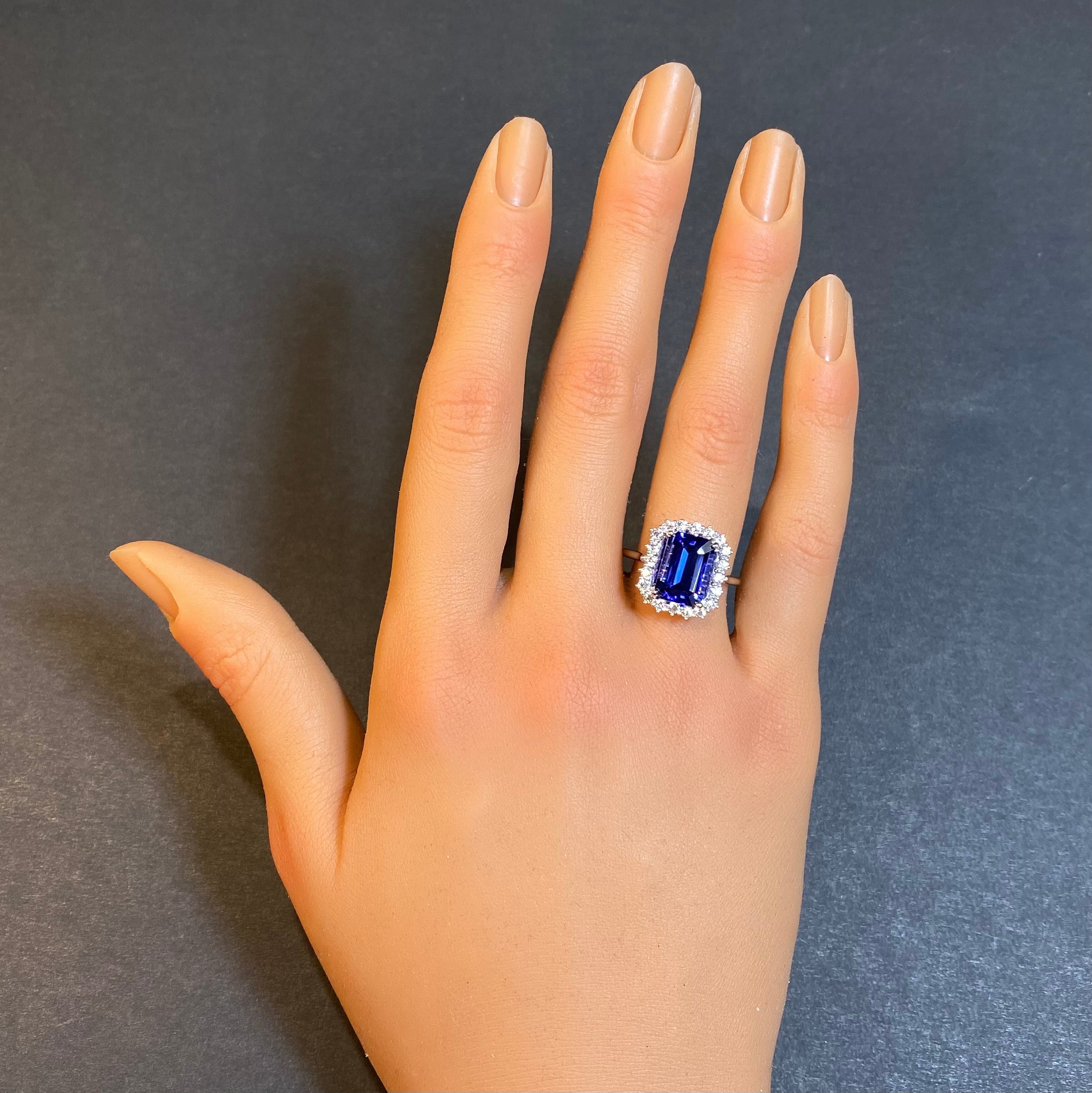 14K White Gold Emerald Cut Tanzanite and Diamond Ring 4.23 Carats