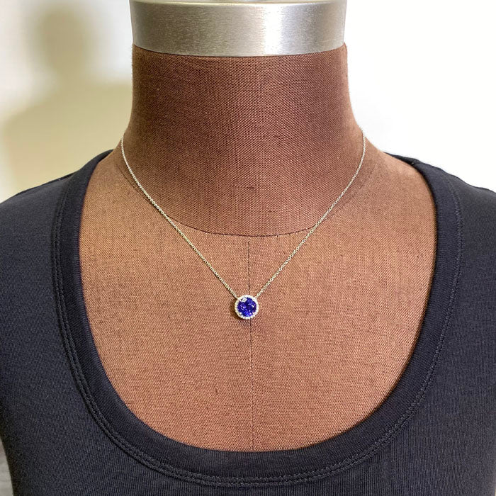 Platinum Round Tanzanite and Diamond Halo Pendant with Chain 2.93cts