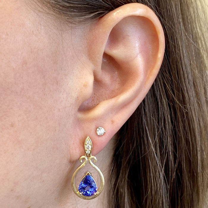 14K Yellow Gold Pear Shape Brilliant Tanzanite and Diamond Earrings 4.95 Carats