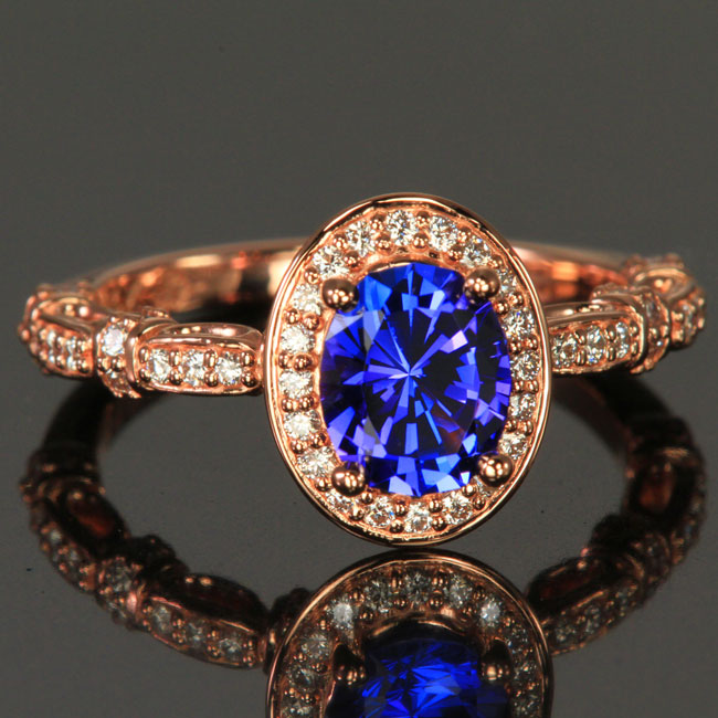 14k Rose Gold Oval Tanzanite and Diamond Halo and Shank Ring by Christopher Michael 1.35 Carats