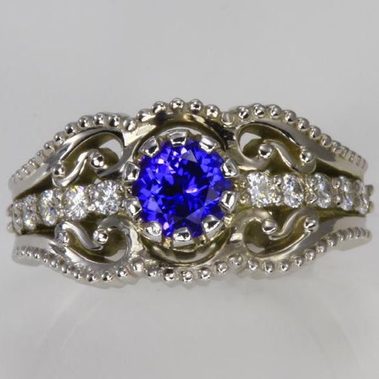 14K White Gold Round Tanzanite and Diamond Ring Christopher Michael Design .85 Carats