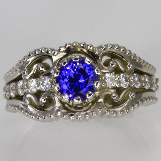 14K White Gold Round Tanzanite and Diamond Ring Christopher Michael Design .85 Carats