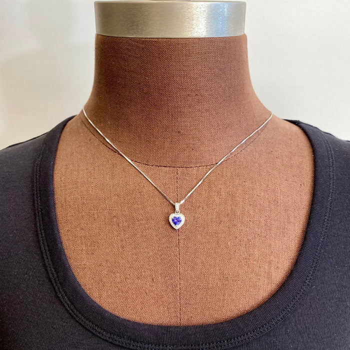 14K White Gold Heart Shape Brilliant Tanzanite and Diamond Pendant .70 Carats