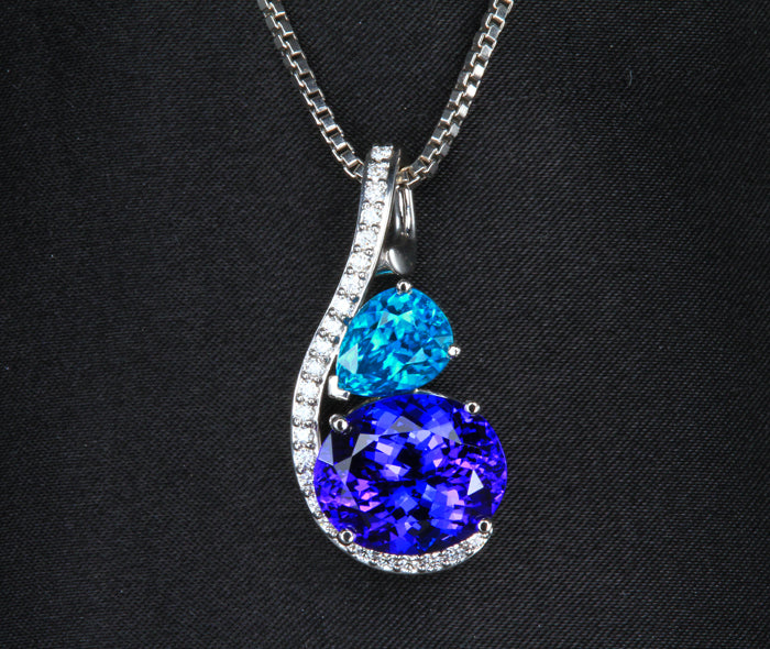 14K White Gold Tanzanite, Blue Zircon and Diamond Pendant 8.93 carats