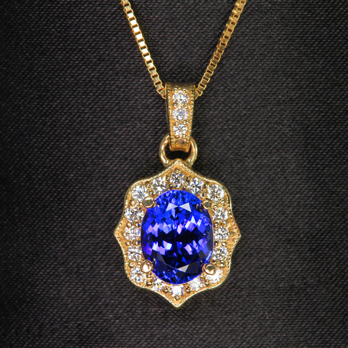 14K Yellow Gold Oval Tanzanite and Diamond Pendant 2.38 Carats