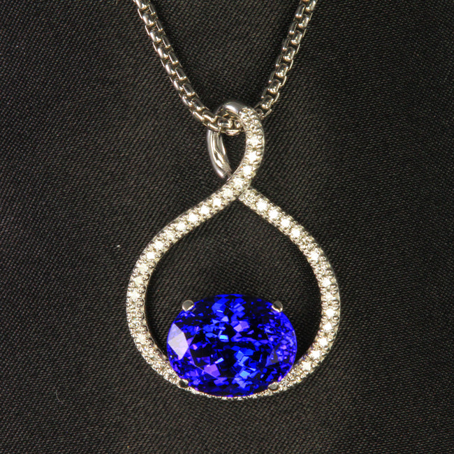 14K White Gold Oval Tanzanite and Diamond Pendant by Christopher Michael 8.70 Carats