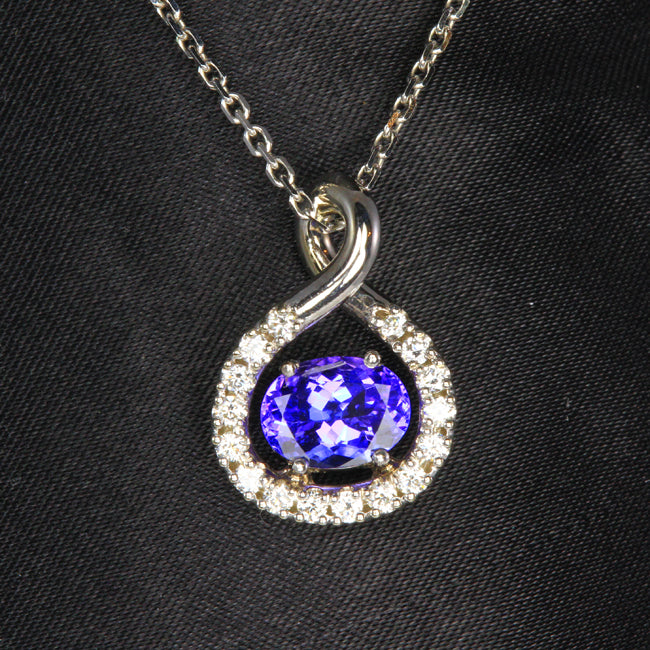 14K White Gold Oval Tanzanite with Diamond Pendant