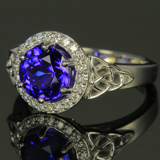 Tanzanite Ring with Halo of Diamonds and Celtic Design