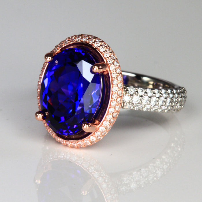 EXCLUSIVE SALE 25% OFF W/CODE 25OFF – Platinum and 14k Rose Gold Oval Tanzanite Halo Ring 7.50 Carats