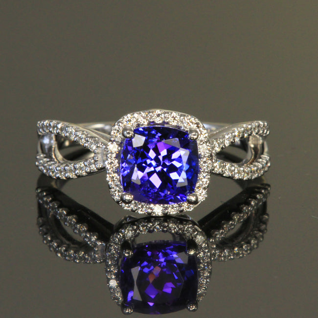 14K White Gold Square Cushion Tanzanite Ring with Diamonds by Christopher Micahel 1.69 Carats