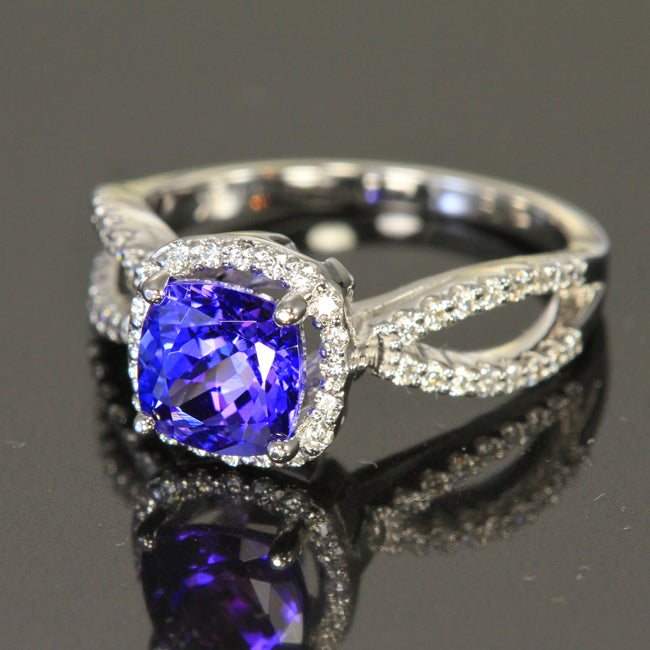 14K White Gold Square Cushion Tanzanite Ring with Diamonds by Christopher Micahel 1.69 Carats