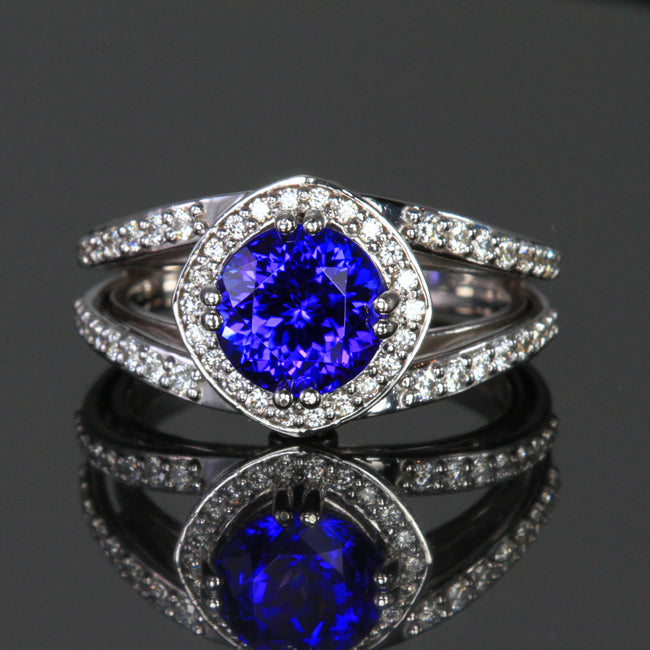 14k White Gold Round Brilliant Tanzanite with Diamond Halo and Shank 3.35 Carats