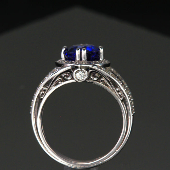 14k White Gold Round Brilliant Tanzanite with Diamond Halo and Shank 3.35 Carats