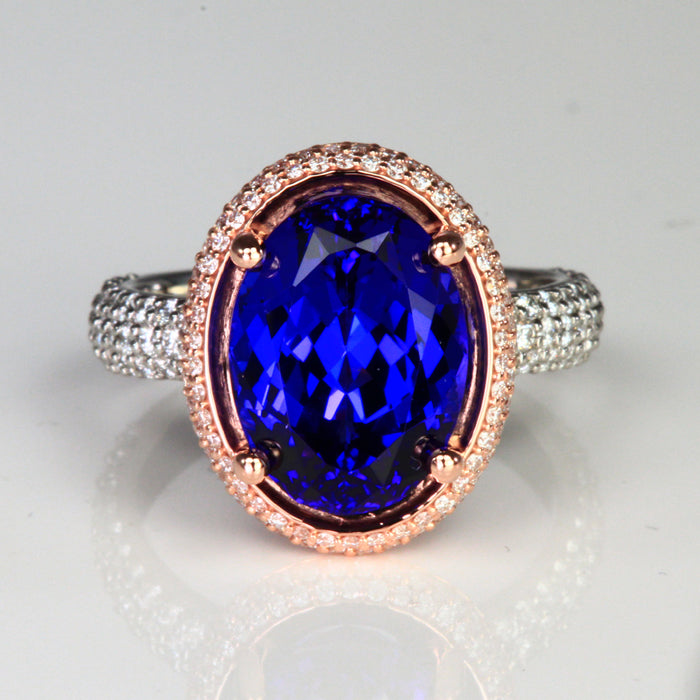 EXCLUSIVE SALE 25% OFF W/CODE 25OFF – Platinum and 14k Rose Gold Oval Tanzanite Halo Ring 7.50 Carats