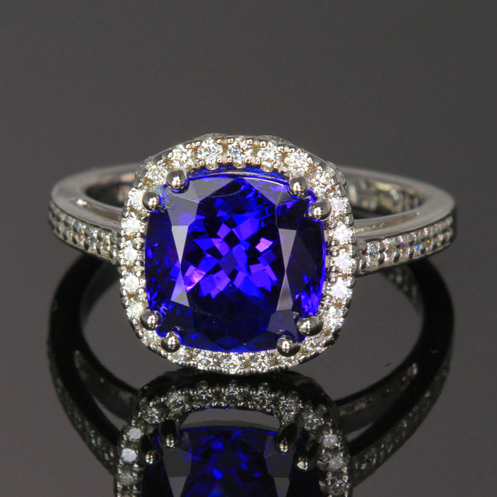 14K White Gold Square Cushion Tanzanite and Diamond Ring 3.71 Carats by Christopher Michael