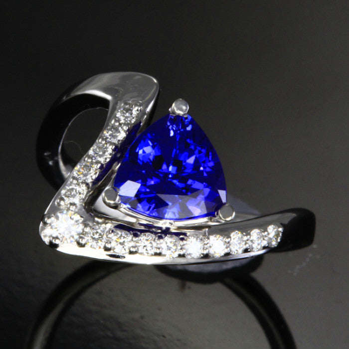 Trilliant Tanzanite Ring with Ideal Cut Diamonds