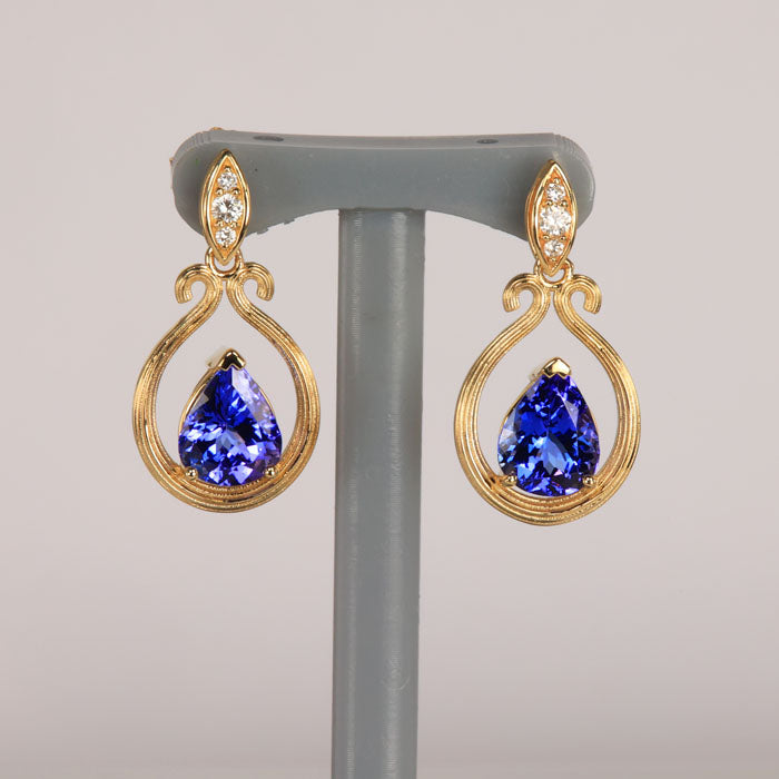 14K Yellow Gold Pear Shape Brilliant Tanzanite and Diamond Earrings 4.95 Carats