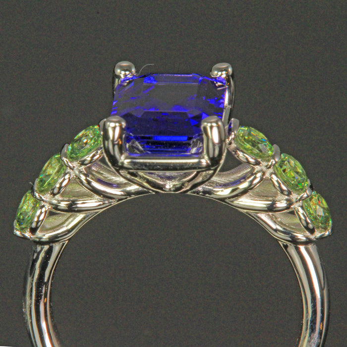 14K White Gold Emerald Cut Tanzanite and Demantoid Garnet Ring 2.91 Carats