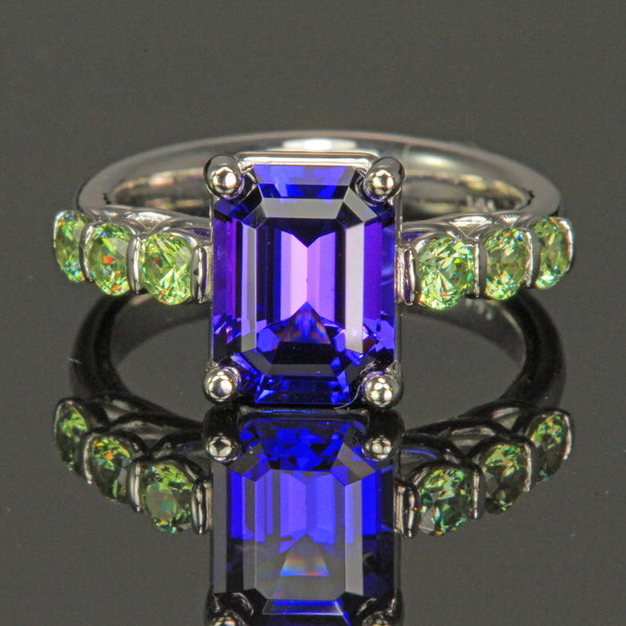 14K White Gold Emerald Cut Tanzanite and Demantoid Garnet Ring 2.91 Carats