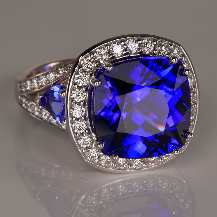 14K White Gold Square Cushion Tanzanite Ring 9.79 Carats