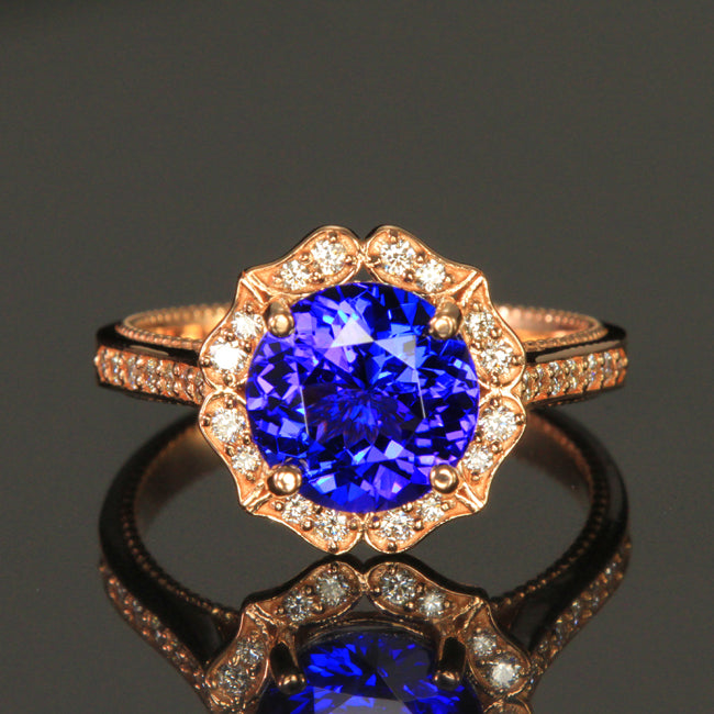 14K Rose Gold Round Brilliant Tanzanite and Diamonds Ring by Christopher Michael 3.44 Carats