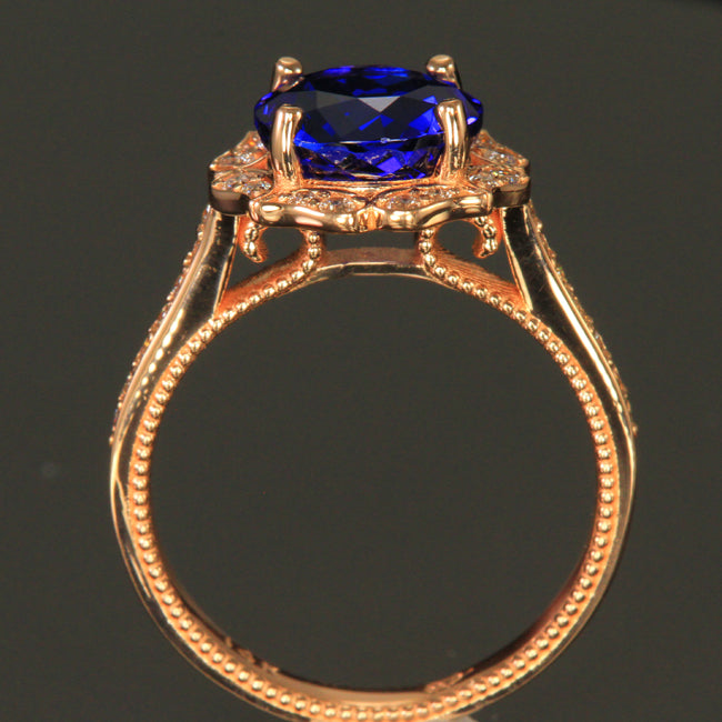 14K Rose Gold Round Brilliant Tanzanite and Diamonds Ring by Christopher Michael 3.44 Carats