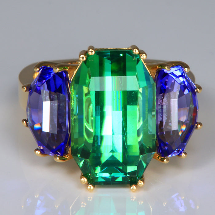 18K Yellow Gold Tourmaline and Tanzanite Ring 12.12cts