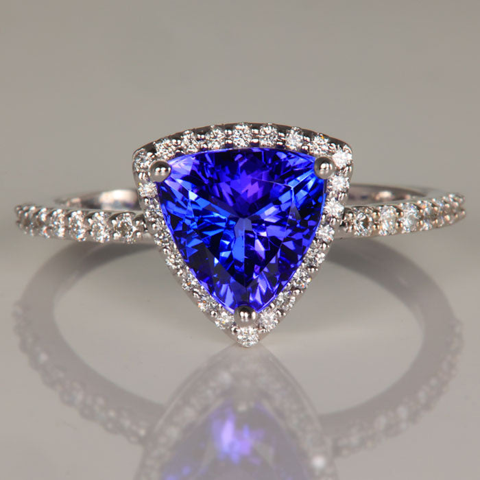 14K White Gold Trilliant Cut Tanzanite and Diamond Ring 1.68 Carats